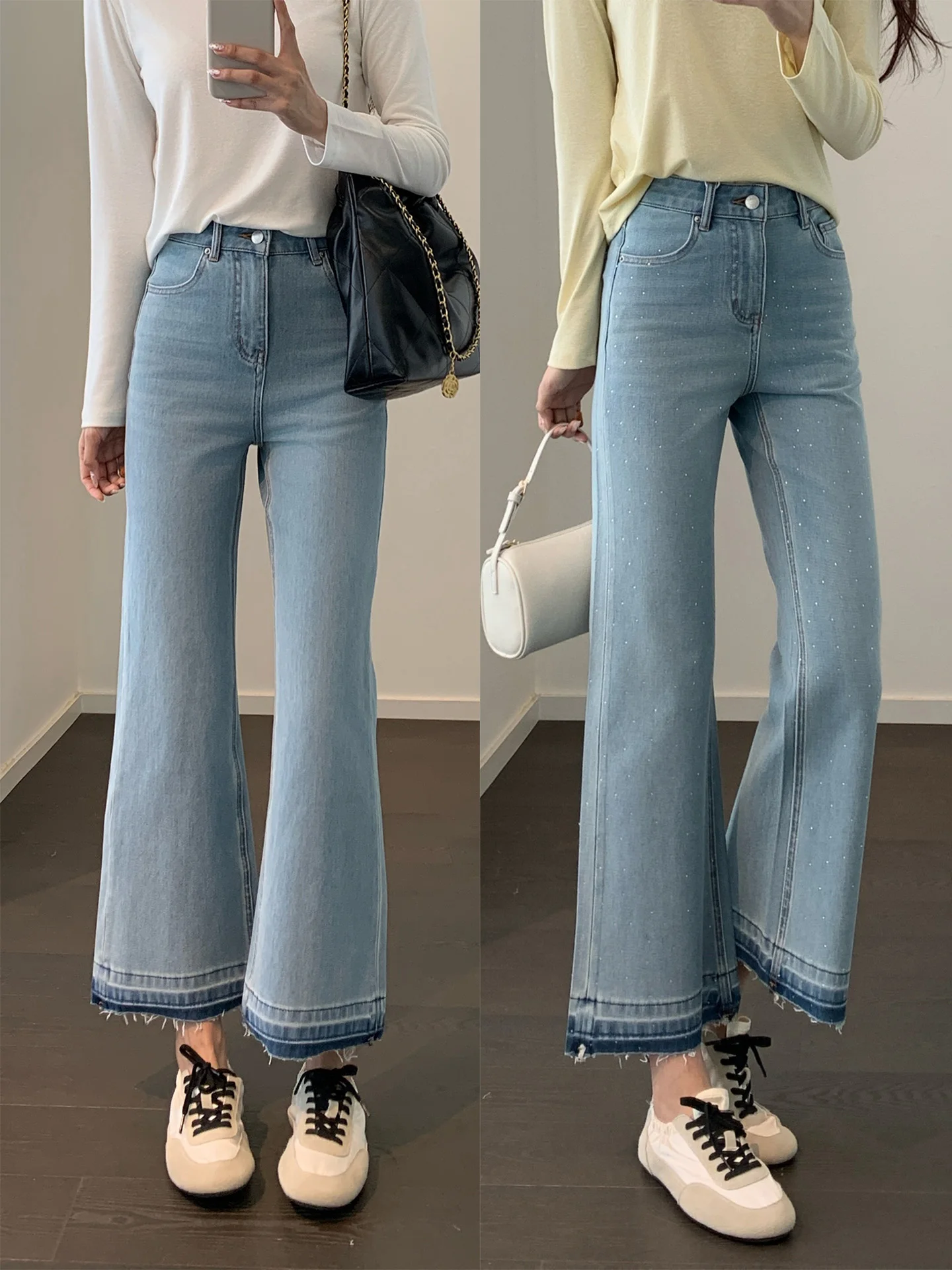 

Sea Salt Light Blue Rhinestone Basic Version Four-Sided Elastic Flared Jeans Women's High Waist Slimming Straight Leg J...