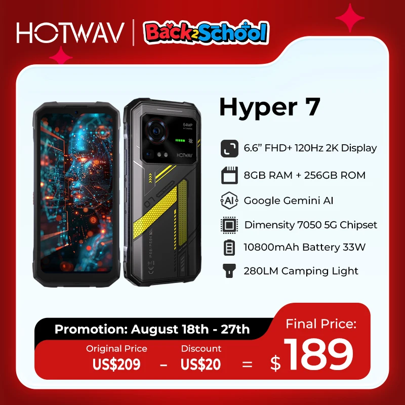 HOTWAV Hyper 7 Rugged Phone 5G 10800mAh 33W Smartphone 6.6'' FHD+ 2K Display 8GB 256GB Cellphone 280LM Android 14 Mobile Phone