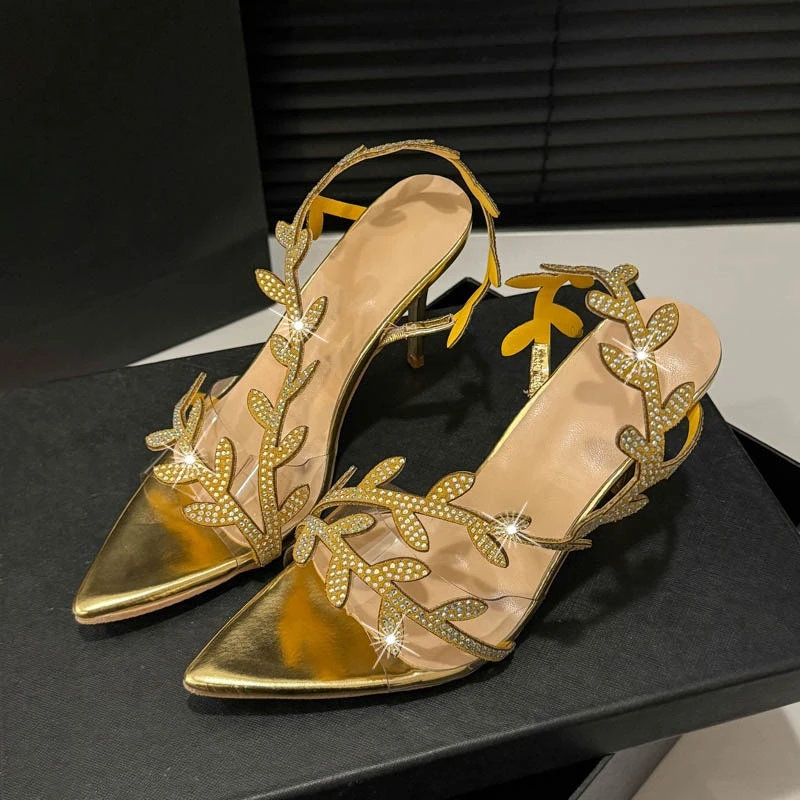 Golden Leaf High Heels für Damen in einzeiligen Sandalen, dünne Absätze, spitze Zehen, freiliegende Zehen, Hochzeitssandalen, sexy Party-Stiletto