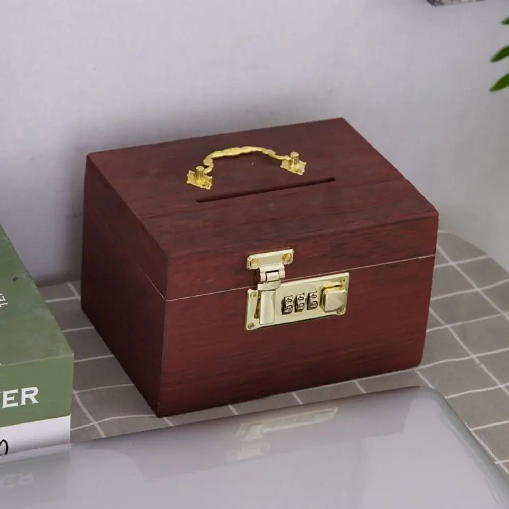 Retro Wooden Savings Tank Rectangle Chinese Style Money Tank with Password Lock Metal Handle Password Lock Money Box Gift - Image 3