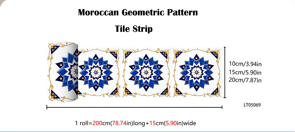 Blue Gold Moroccan Tile Stickers Waterproof Removable Wall Decals for Kitchen Cabinet Stair Riser Skirting Home Decor