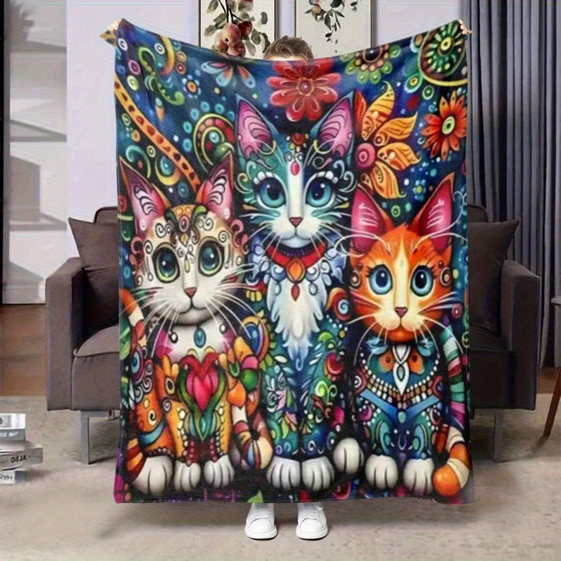 

Bohemian Kitten Print Throw Blanket - Soft Plush Shawl for Bed, Sofa & Chair - Machine Washable Gift