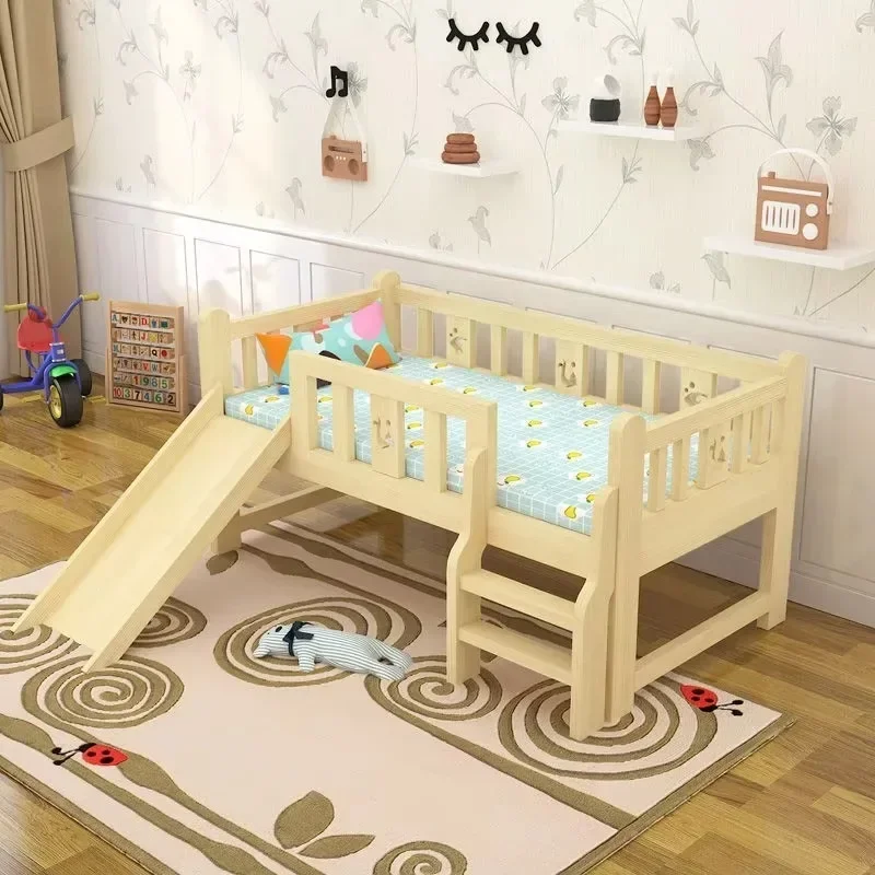 Children's bed with guardrail slide solid wood single widened