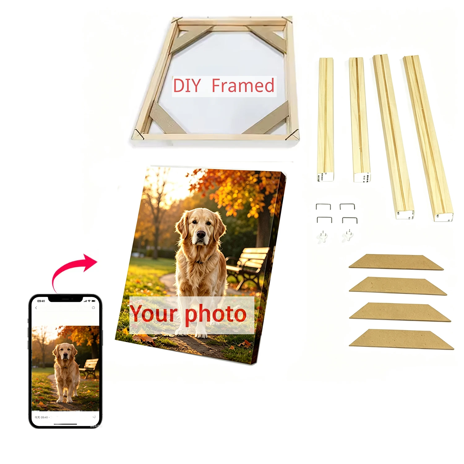 Custom Pet Photo Canvas Painting DIY Pine Wood Stretcher Bar Frame Kit Personalized Pet Picture Pet Portrait Memorial Gift