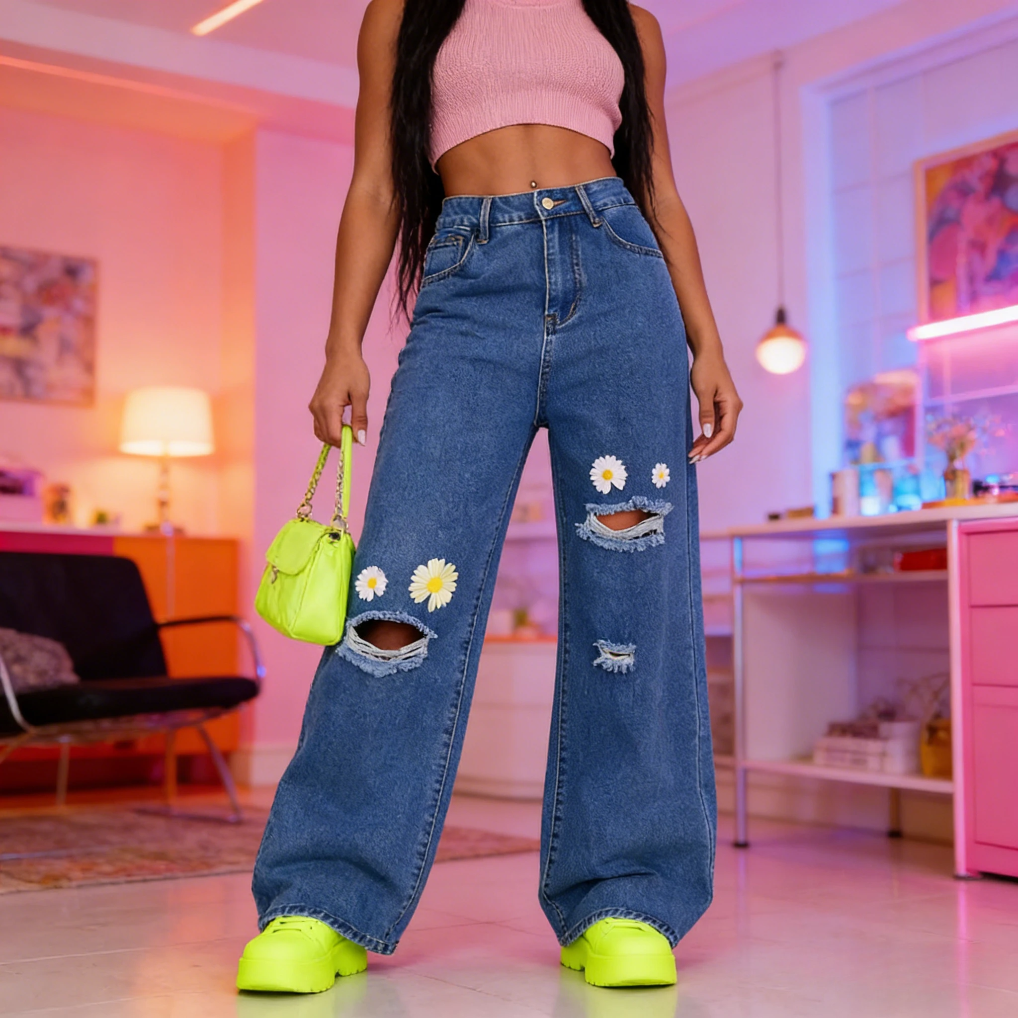 

2026 Women Hole Jeans Wide Leg Pants Denim Y2k Embroidery High Waist Washed Streetwear Floor Length Ripped Straight Trousers
