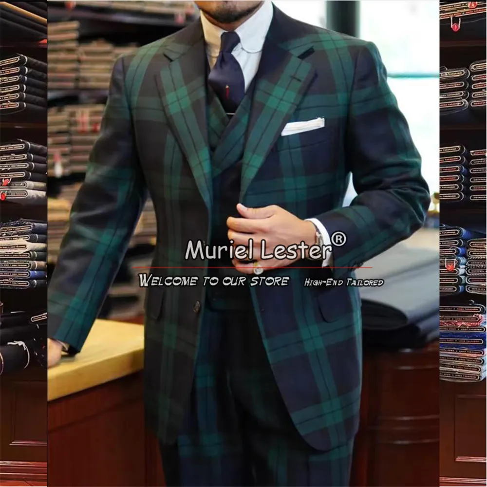 

England Style Business Men's Suits Green Blue Plaid Check 3 Pieces Formal Man Party Prom Blazer Groomsman Wedding Tuxedo Bespoke