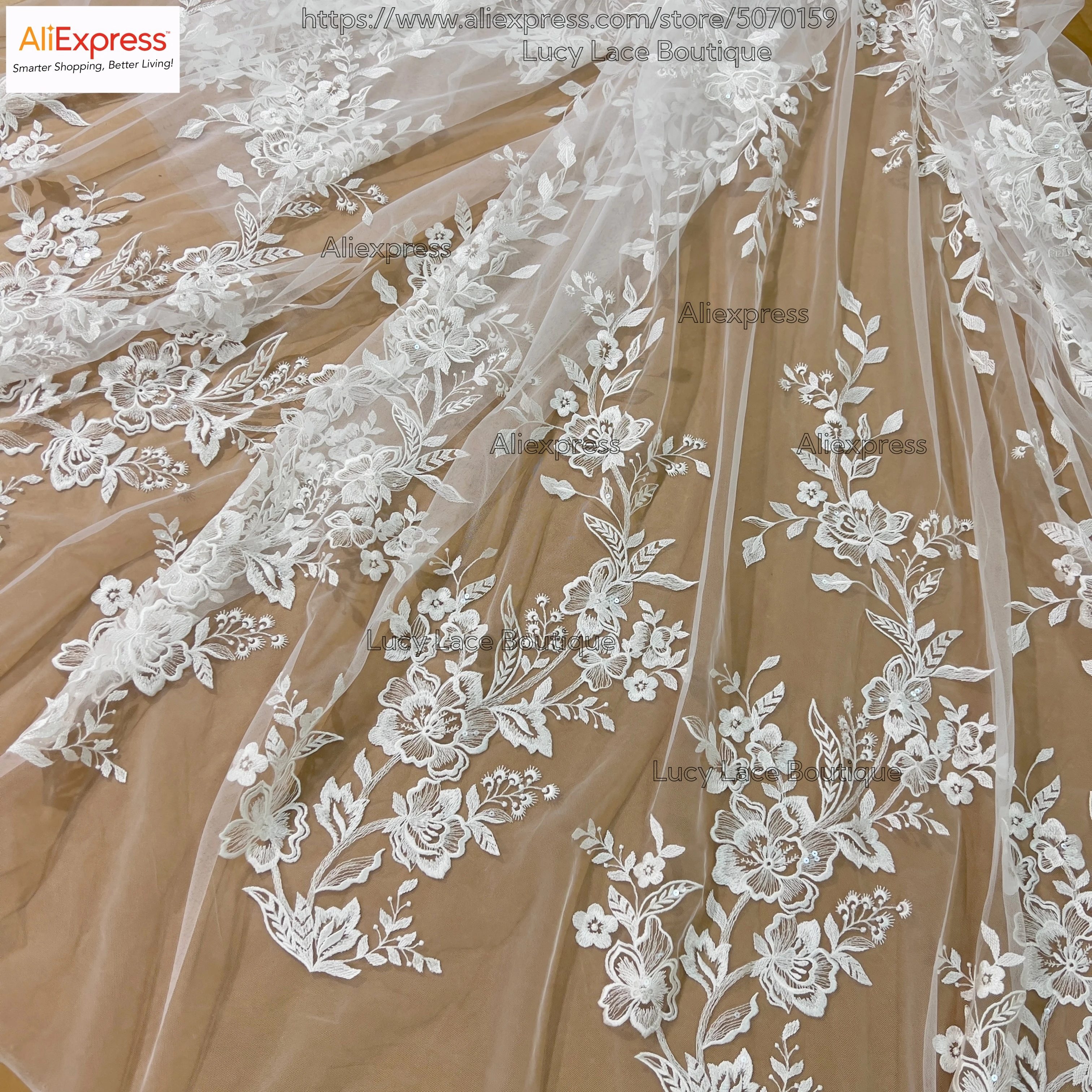 Big Florals with Sequins Stunning Embroidery Tulle Lace Fabric for Wedding Off White Color Exquisite Bridal Design Lace 2024