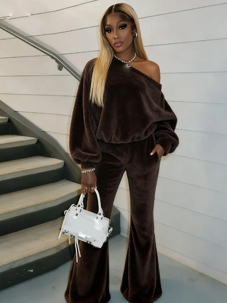 Nibber Comfortable Fleece 2-Piece Set Women Skew Collar Full Sleeve Crop Tops+Elastic Waist Flared Pants Fashion Simple Suits