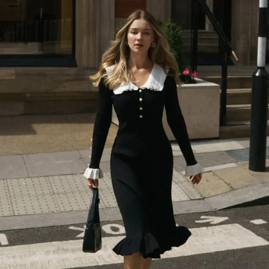 

2025 Spring Knit Women Long Dress Black Flare Sleeve Slim Elegant Dresses Female Autumn Retro Maxi Party Fashion Clothes Ladies