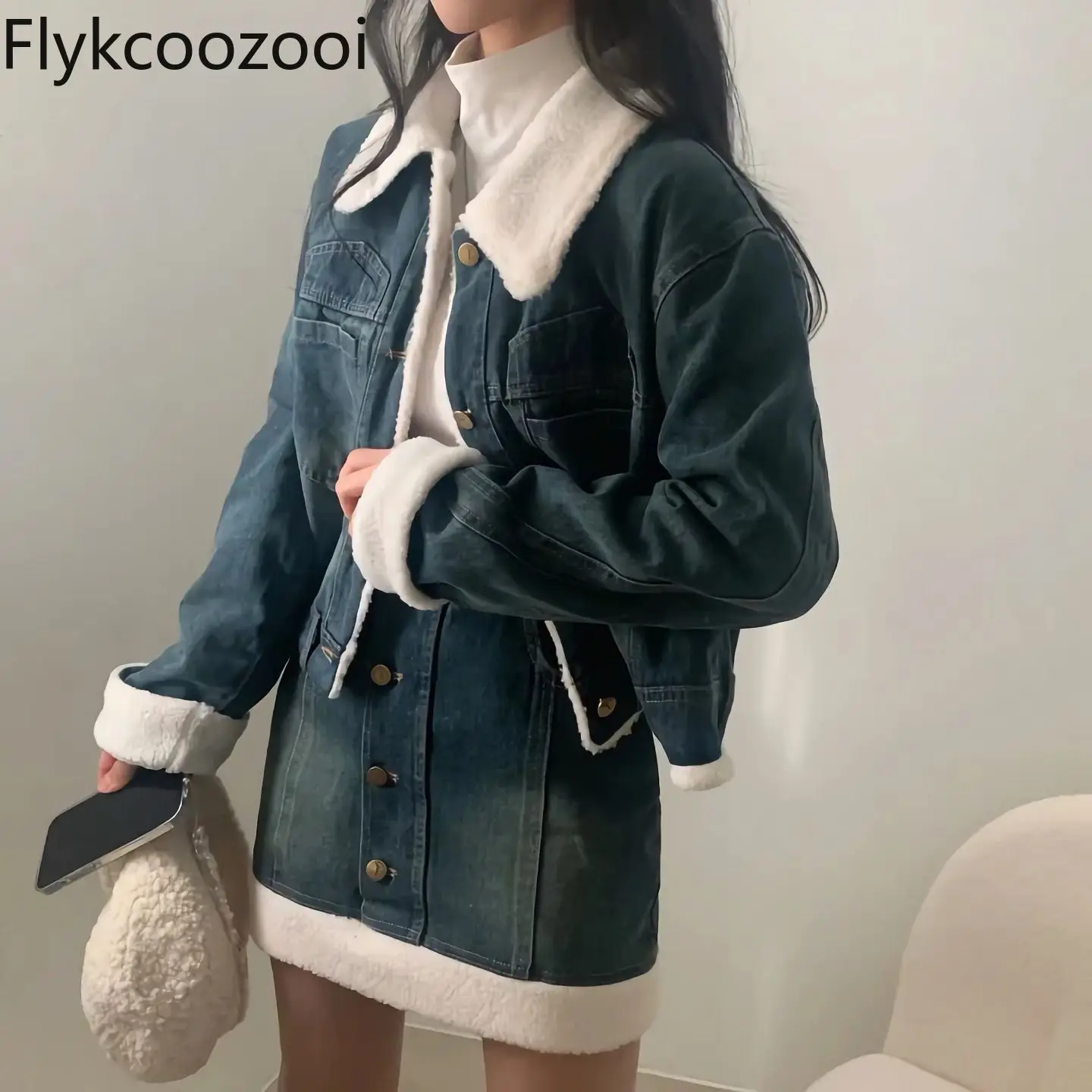 Jupe Femme Chic Et Élégant Women's Autumn and Winter Thick Woolly Patchwork Denim Coat High Waist Skirt Two-piece Set