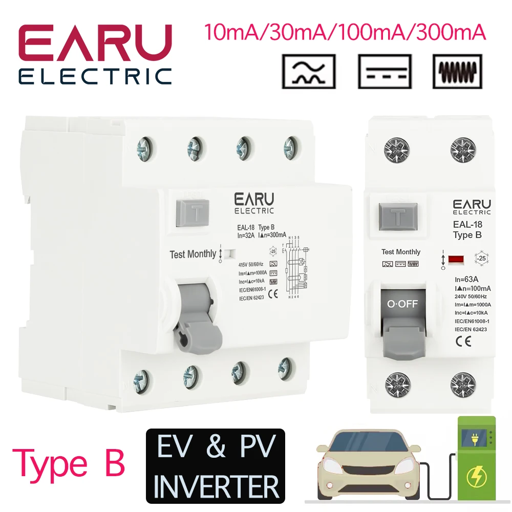 2P 4P 10/30/100/300mA Electric Vehicle EV Charging Pile Residual Current Breaker DC RCCB RCD Type B 6KA Din Rail Earth Leakage