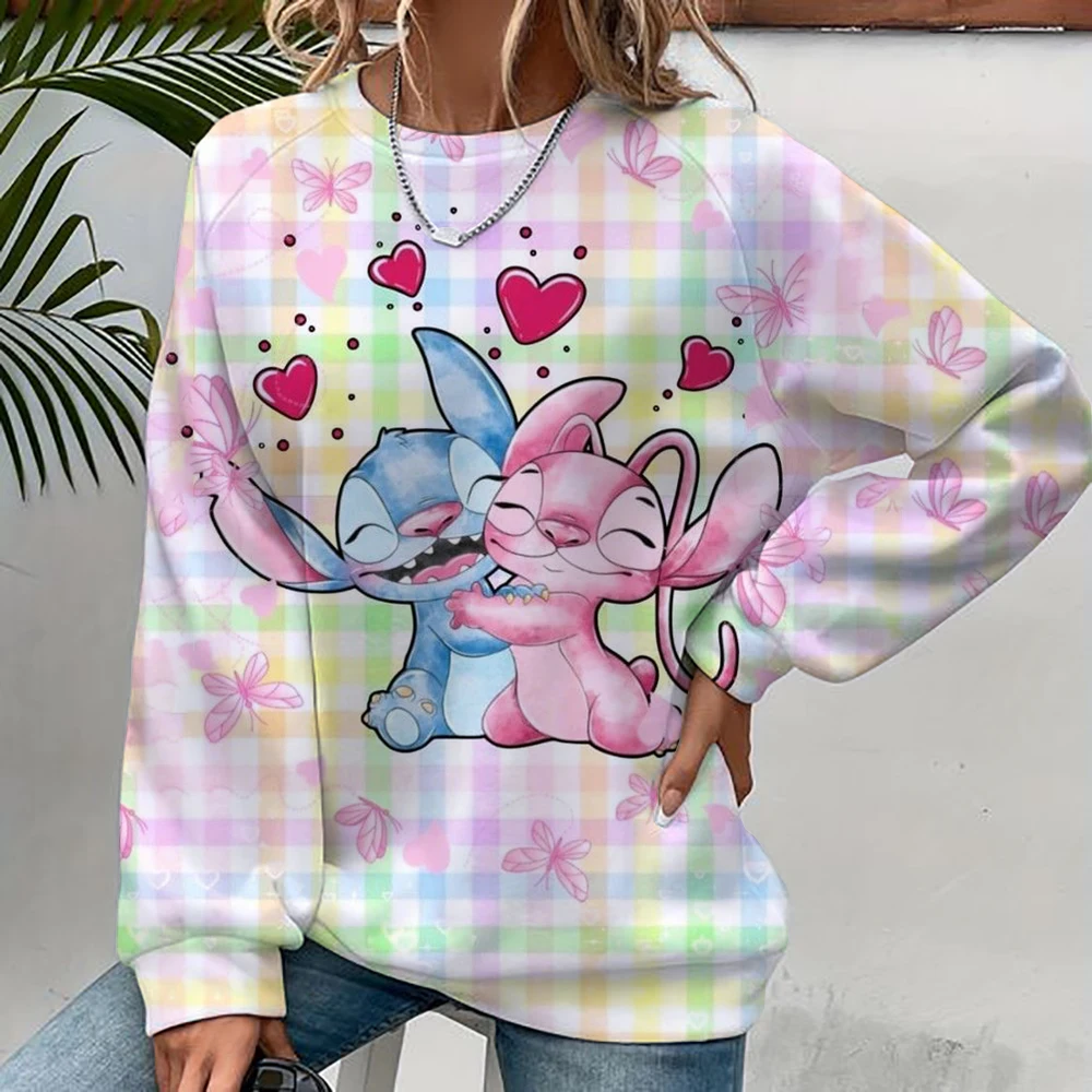 Felpa con cappuccio moda donna Disney Stitch stampa Moda Autunno Quotidiano Manica lunga Girocollo Pullover allentato Cartoon Boho Style Sweatsh