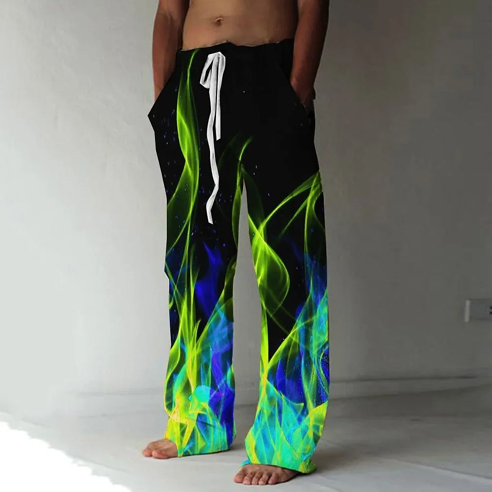 New cross-border drawstring elastic waist straight leg pants with flame pattern 3D printed casual oversized sports pants