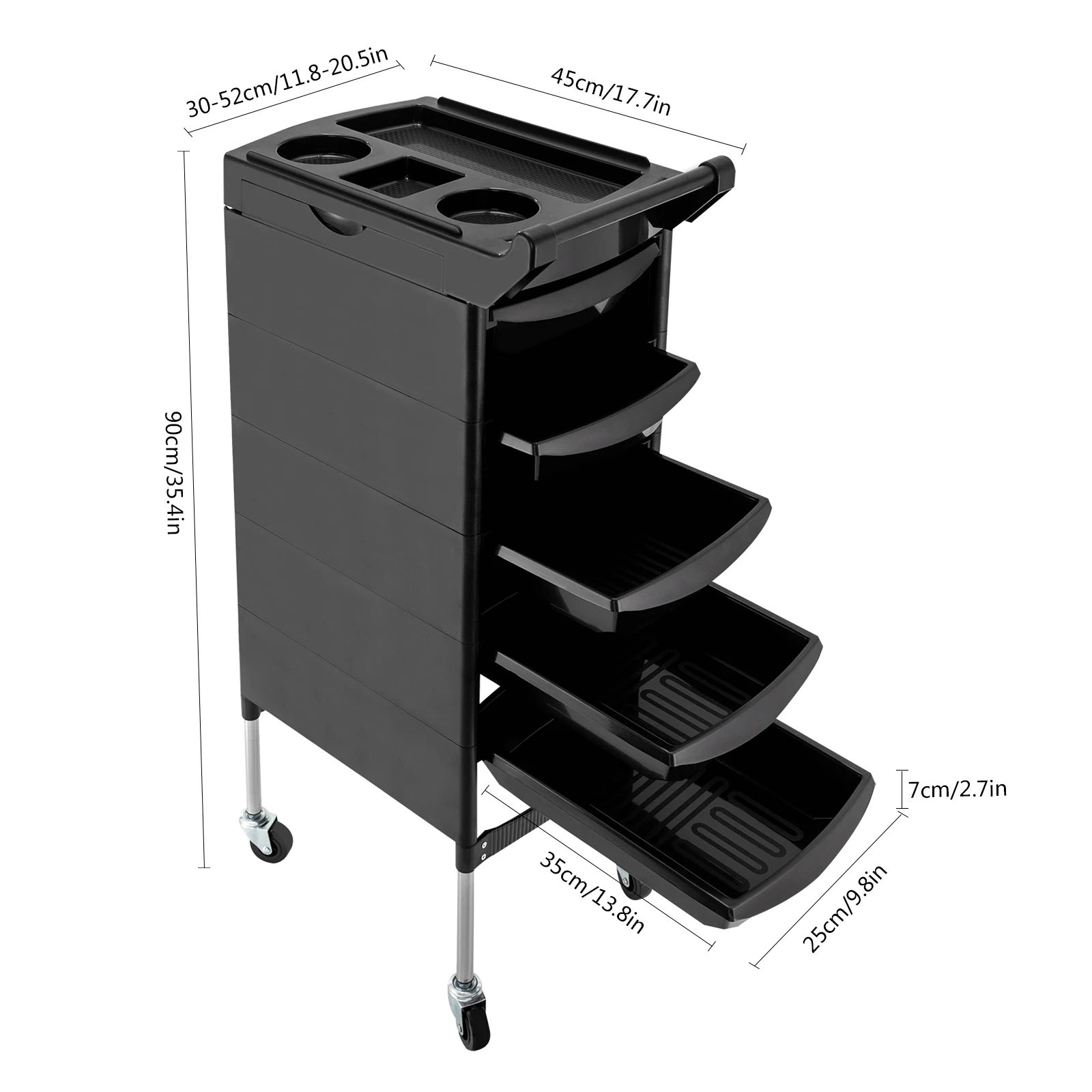 Salon Trolley, with Handle and Rolling Wheels, 5 Drawers and 2 Hair Dryer Holder Side Tray, Black