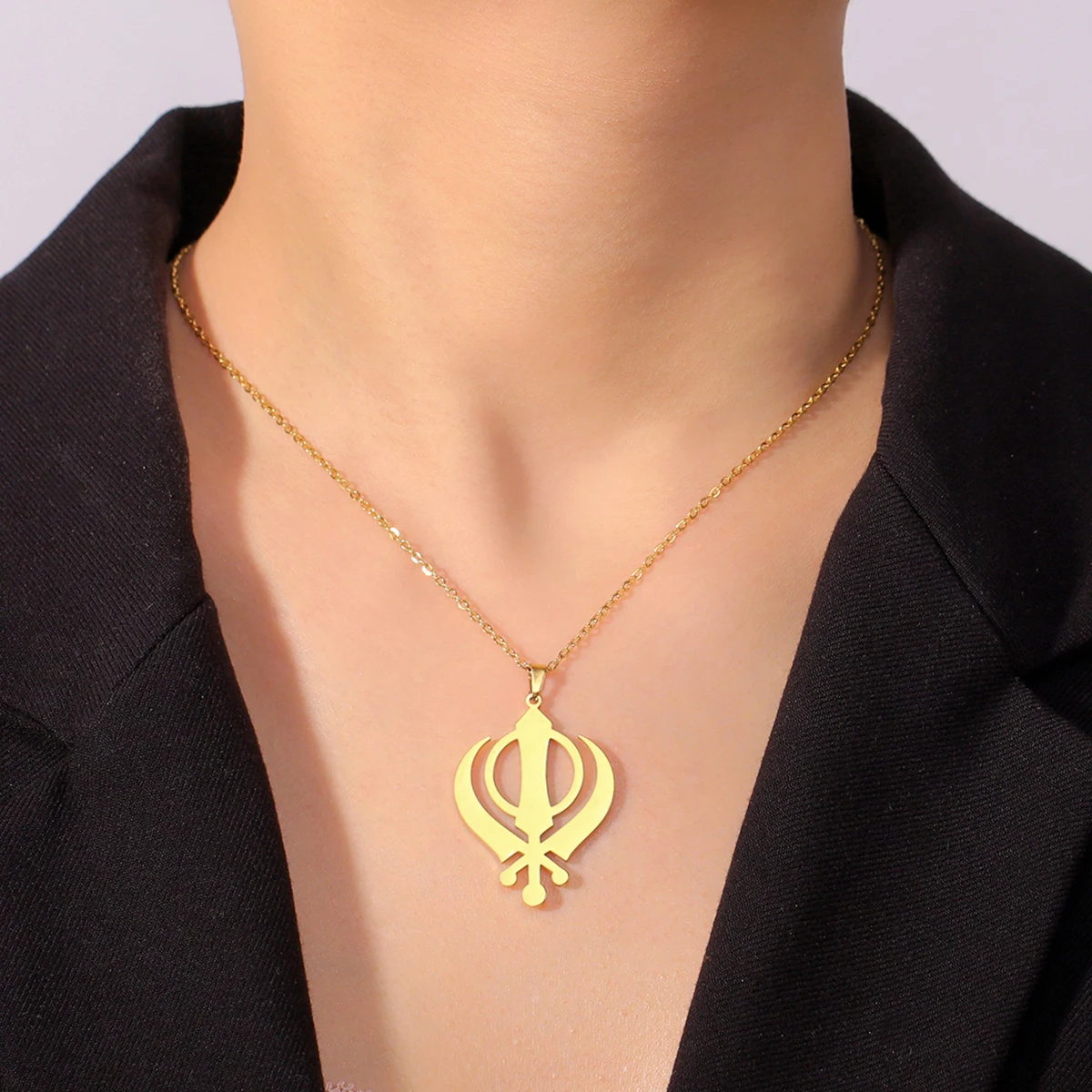 Lemegeton Sikhism Khanda Symbol Pendant Amulet Necklace for Women Religious Chain Stainless Steel Necklace Couple Jewelry Gift