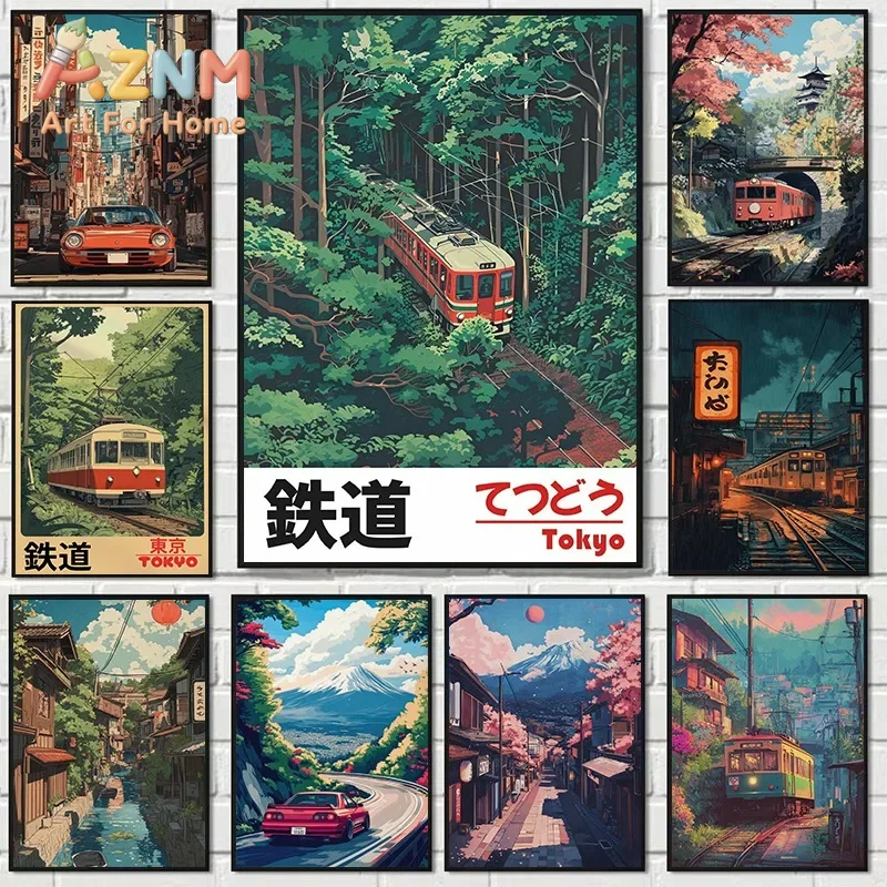 1pc frameless Oil Painting By Numbers  Retro Tokyo Railway Vintage Japanese Train Travel Asian Landscape Anime Style Wall Art Ho