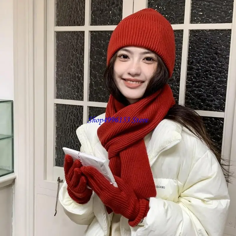 Q0KE شتاء دافئ متماسكة قبعة وشاح وقفازات مجموعة ألياف الاكريليك للجنسين الطقس البارد برقبة ملابس يدوية مجموعة للنشاط في الهواء #3