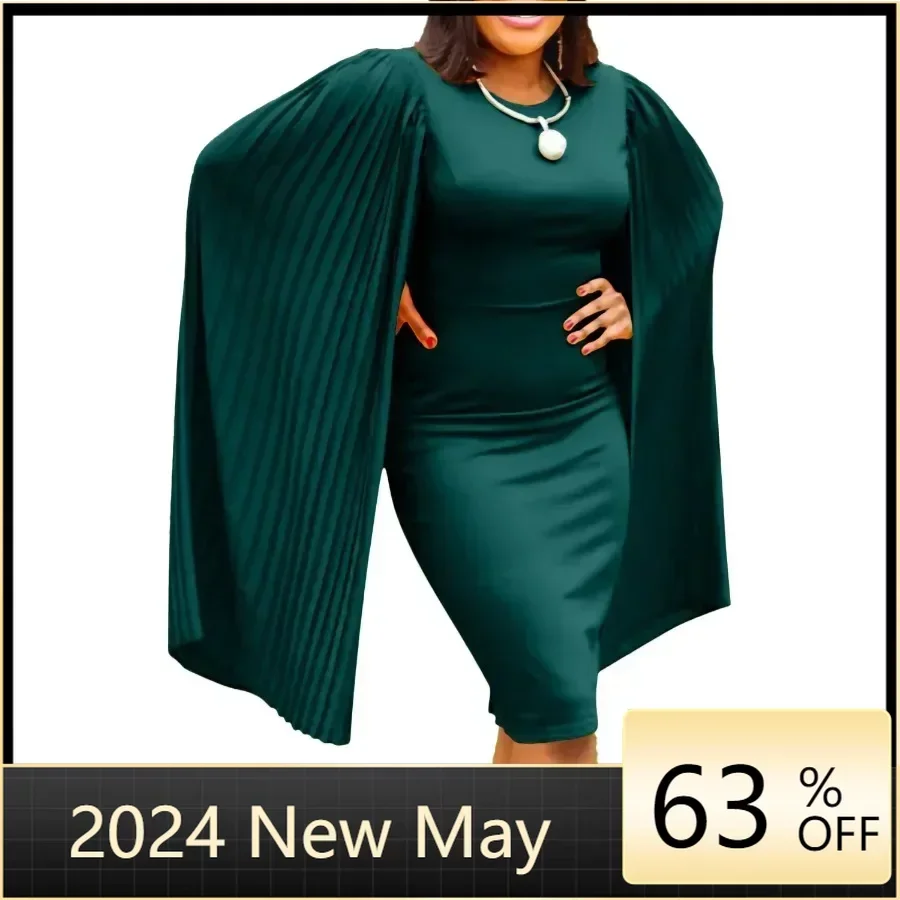 

Spring Summer Elegant Cloak Dress Women Fashion Solid Round Neck Cloak Sleeves Slim Dress Women