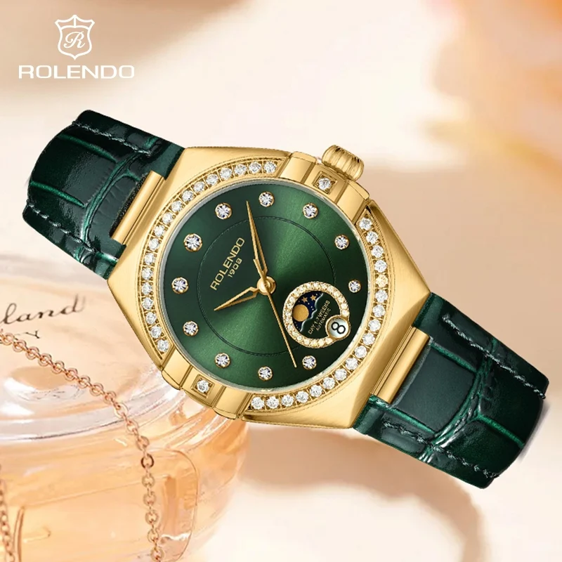 ROLENDO Constellation Style Automatic Watch Diamond-Set Emerald Sun-patterned Dial Date Sapphire 3ATM Elegant Women's Wristwatch