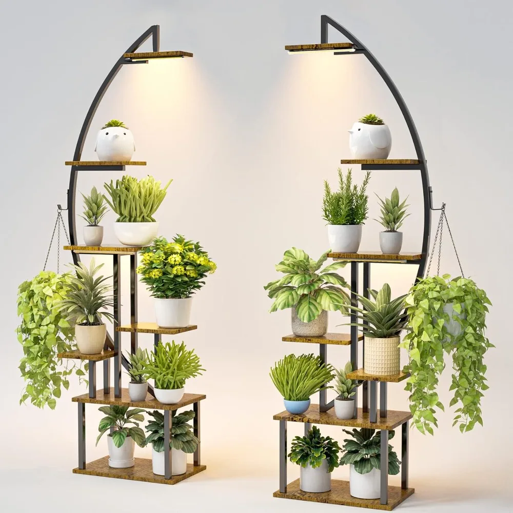 

A tall plant rack with indoor plant growth lights, multiple metal plants on 7 floors, and a large display rack in brown color