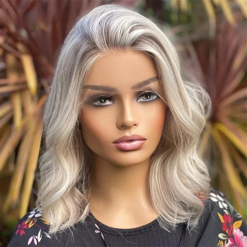 

Short Wave Bob Ombre Ash Grey Blonde Synthetic Lace Front Wig For Women With Preplucked Realistic Hairline Wig Natural Looking