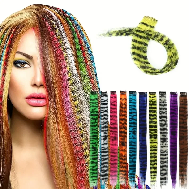 Clip-in Stripe Printed Synthetic Hair Colorful Long Straight Hair Pieces clip in Hair Extensions for Daily or Christmas wear