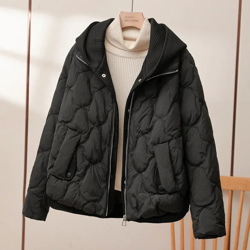 2024 nova jaqueta de inverno feminina quente parkas feminino falso de duas peças manga longa casual algodão acolchoado jaqueta com capuz outwear senhoras