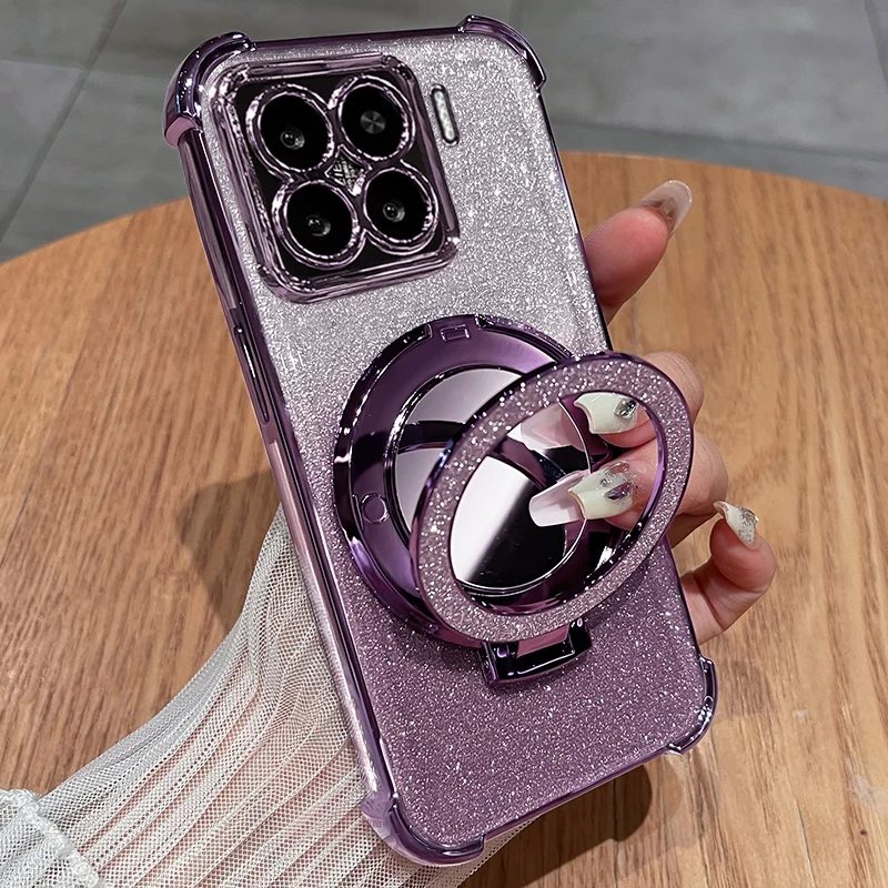 For Xiaomi 14T Pro Case Mirror Glitter Holder Luxury Camera Protection Plating Airbag Soft Silicone Shockproof Bumper Back Cover