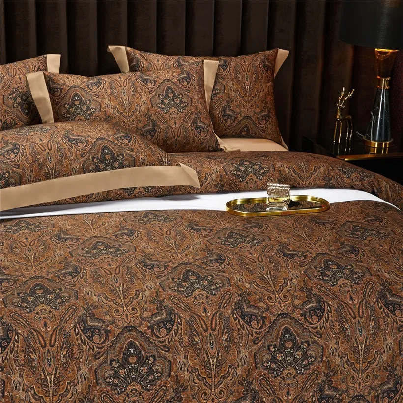 Vintage Bruin Chocolade Boho Dekbedovertrek Set Koningin Koning 4Pcs Luxe 1000TC Egyptisch Katoen Zacht Beddengoed Laken Kussenslopen