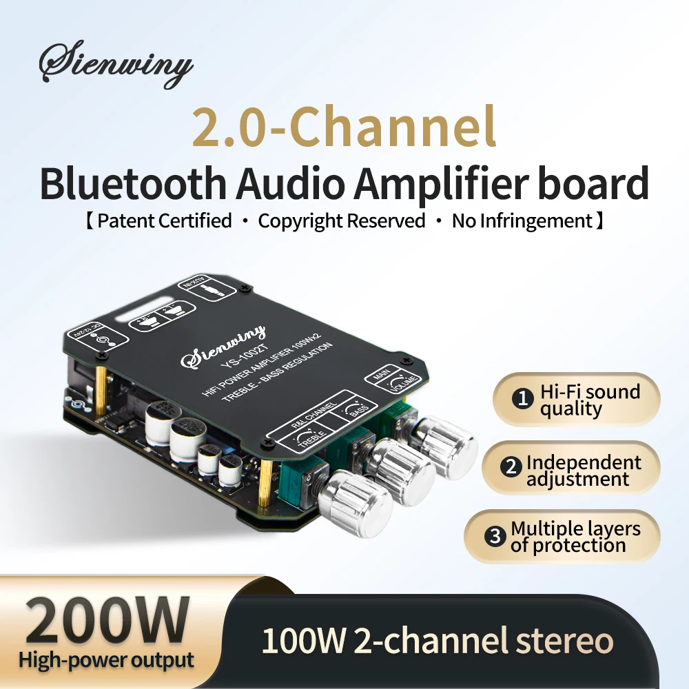 

YS-1002T 2.0 Channel Bluetooth 5.1 Audio Amplifier Board TPA3116D2 Hi-Fi Stereo Power Module With AUX DC 12-24V 100W+100W
