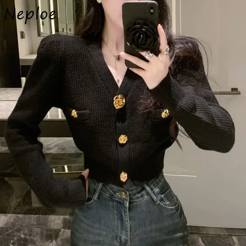 Neploe Elegant 3d Metal Buttons Red Sweaters Mujer 2024 Autumn Slim Waidt Cardigans Y2k Long Sleeve Knitted Tops Women
