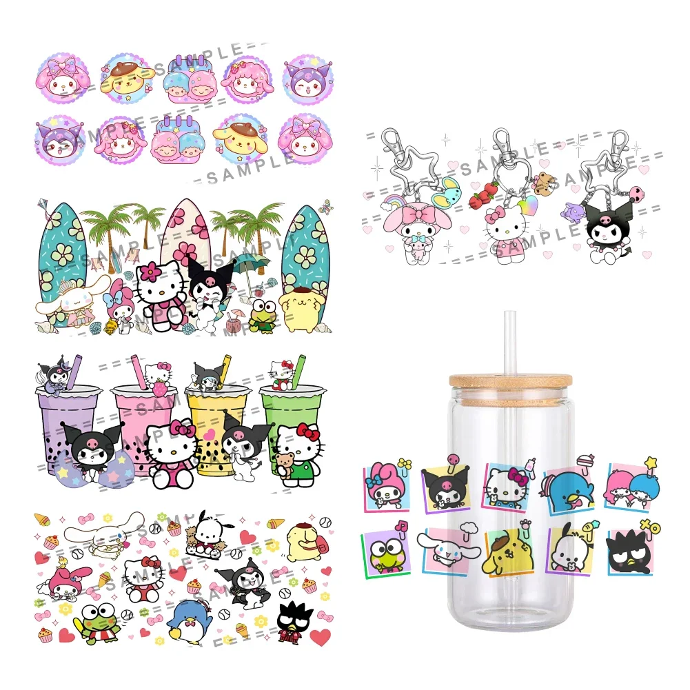 

11x24cm New Sanrio Hello Kitty Theme For Libbey 16oz Can Glass 3D Waterproof UV DTF Coffee Can Wrap Libbey Glass Wrap