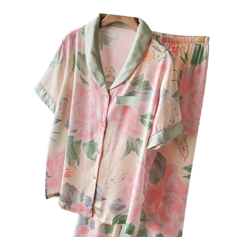 Women Pajamas Set Spring Summer 2 Piece Peony Floral Pyjama Faux Silk Satin Sleepwear Short Sleeve Pijama Mujer Pjs Homewear