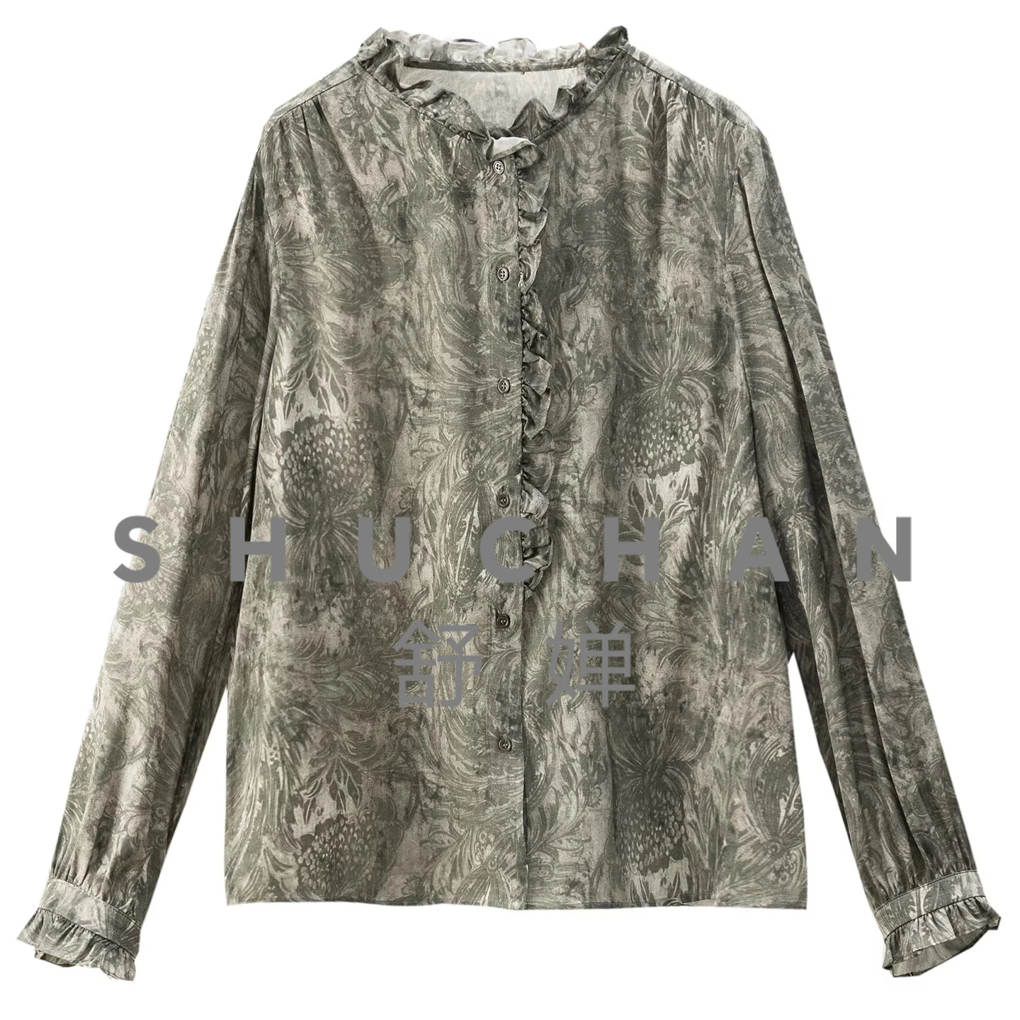 

Элегантная женская блузка из натурального шелка с кружевным воротником-стойкой и принтом, в стиле ретро, класса люкс, 26G2