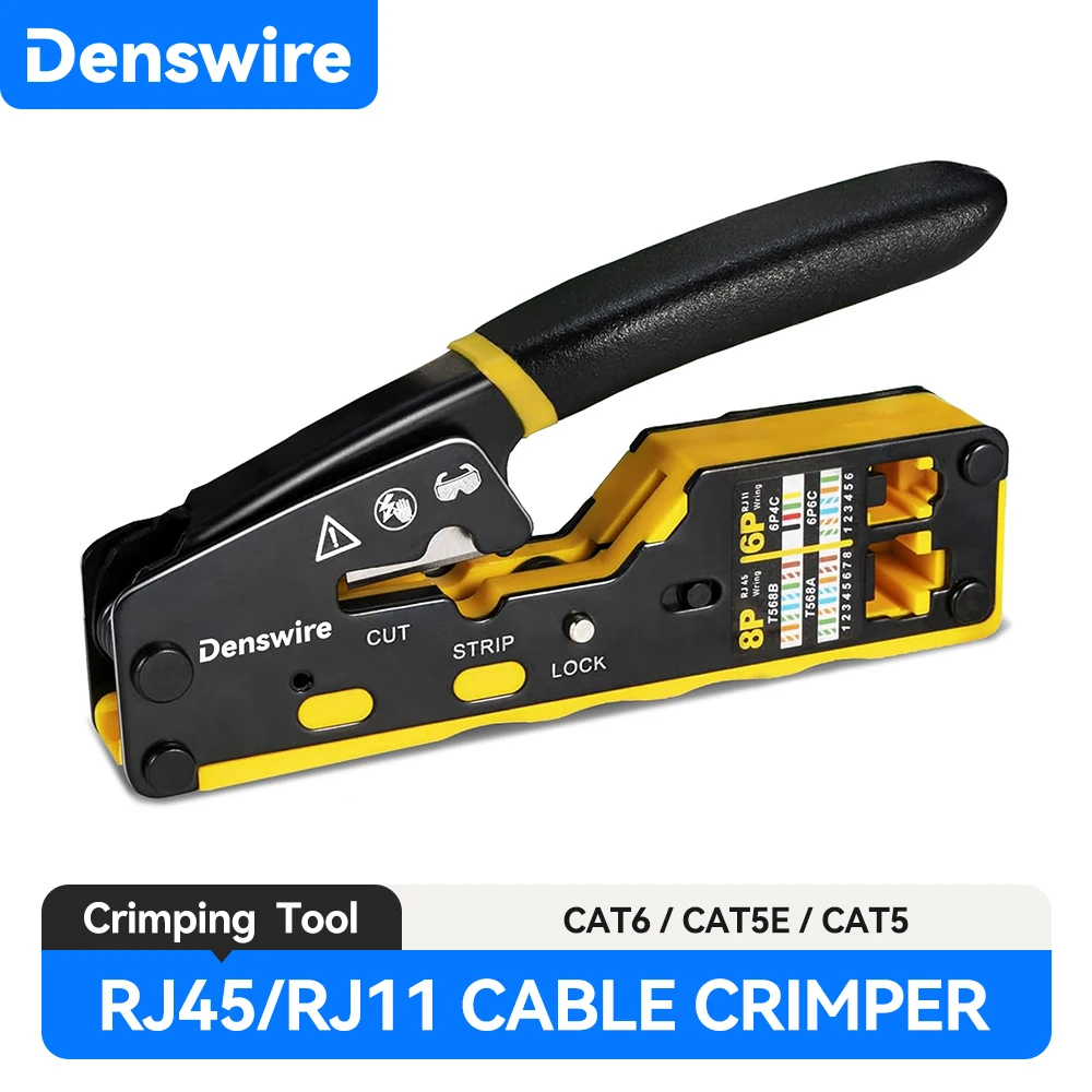 Denswire RJ45 Crimp Tool Pass Through Crimper for RJ45 Connectors / Cat6 Cat6a Cat5 Cat5e RJ11/RJ12 Plugs Ethernet Crimper Tool