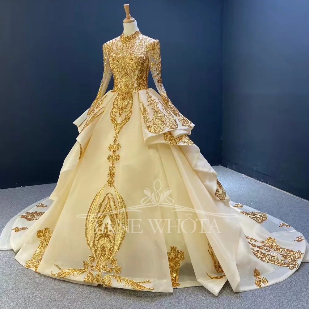 Gold Color High Long Sleeve Prom Dress Sequined Embroidery Customized Evening Gown For Women Long Dress