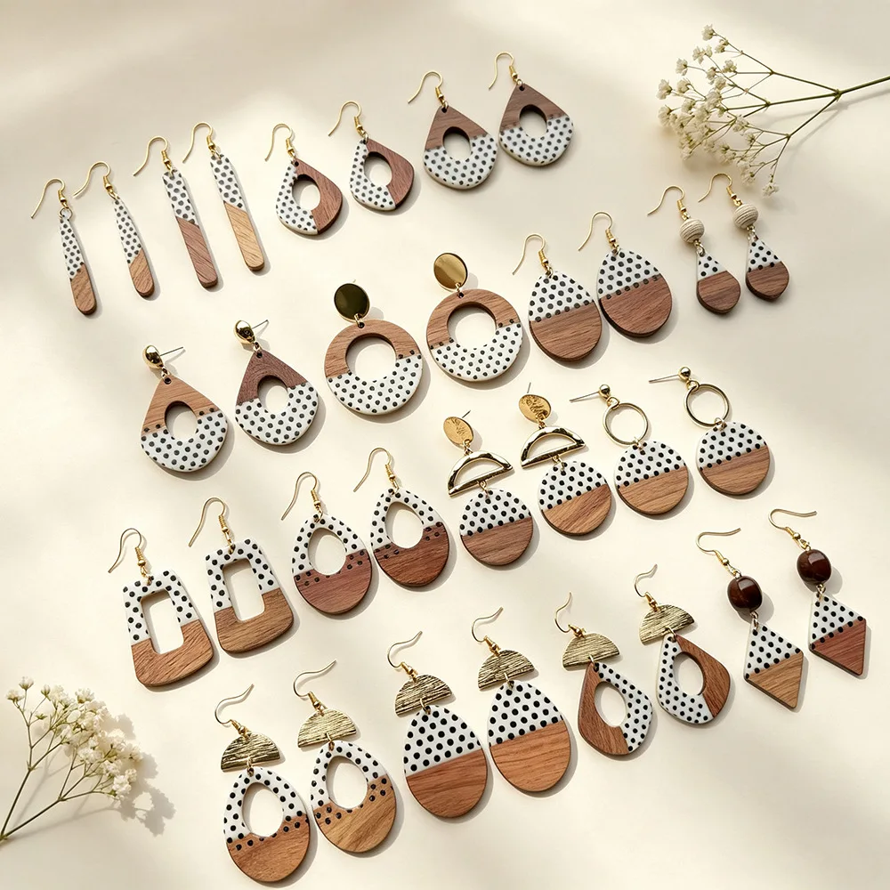 Polka dot wooden splicing earrings black and white polka dot geometric water drop hollowed out log ear hook European and America