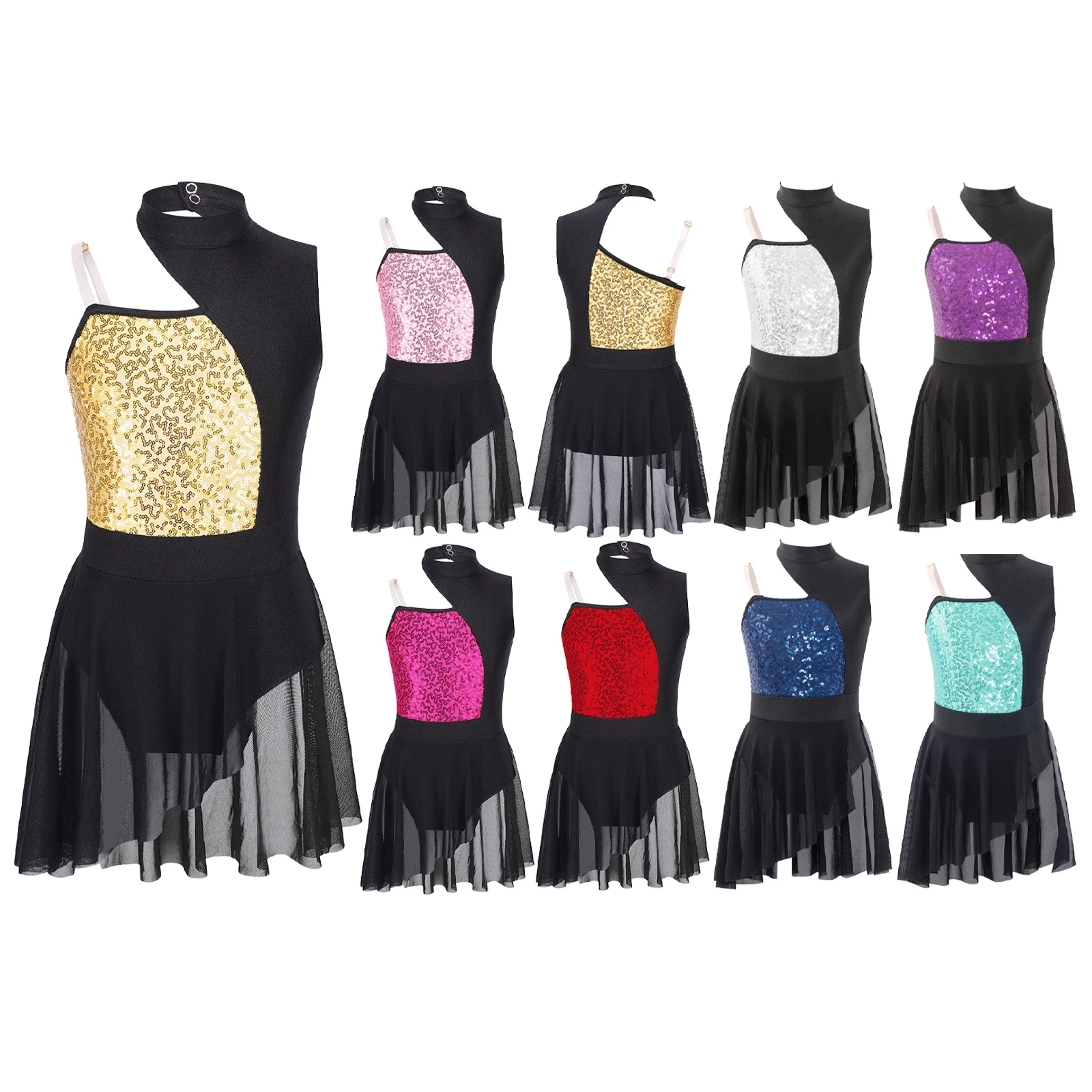 Kids Girls Ballet Dance Off Shoulder Dress Shiny Sequins Mesh Clothing Sleeveless Round Collar Patchwork Dance Performance Dress