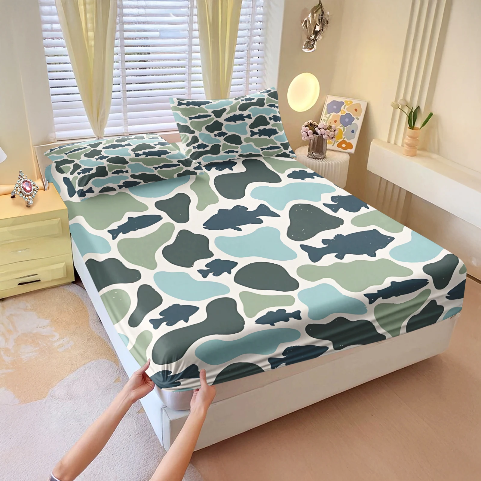 Fishing Camouflage Fish Printed Fitted Sheet Set 3 Pieces Fishing Themed Deep Pocket Bed Sheet & Pillowcases for Men Bedroom Dec