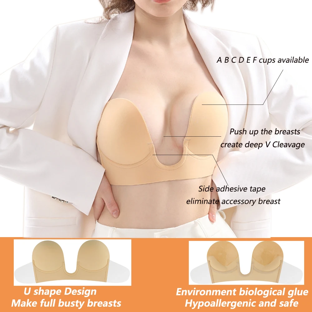 Aedo U shape Black Sponge Self-adhesive Invisible Bra Women Sticky Breathable Reusable Front Clasp Push-up Elegant Nude Bra U01