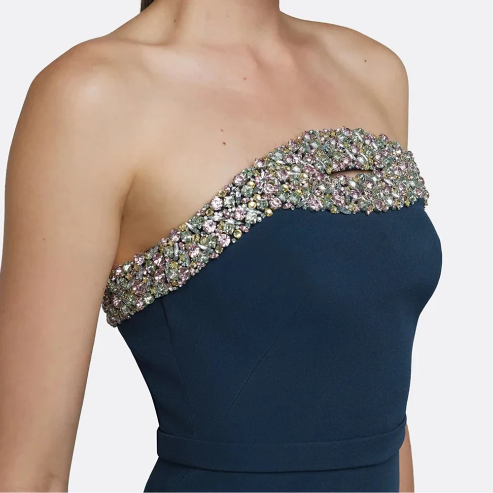 Vestidos de noche de corte A para mujer, vestido de fiesta sin tirantes hasta el suelo, sin mangas, vestidos personalizados con espalda descubierta drapeados de cristal a la moda