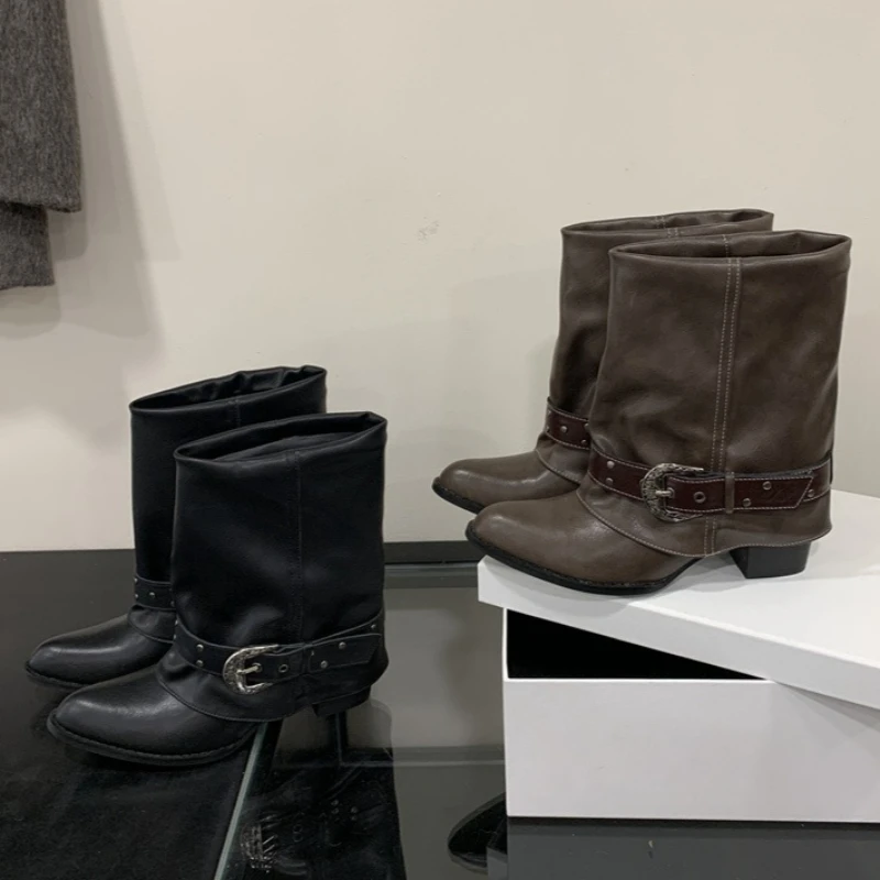 الجدة مشبك برشام الديكور حذاء من الجلد النساء موضة أشار تو أحذية رعاة البقر الغربية مريحة مقاوم للماء منصة الأحذية #5