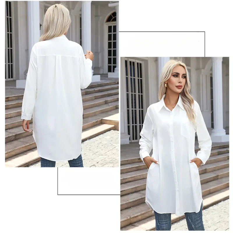 Long Shirt Women 2023 Vintage Pocket Shirts &Blouses Oversized Long Sleeve Blouse Fashion Women\'s Clothing Button Up Womens Tops