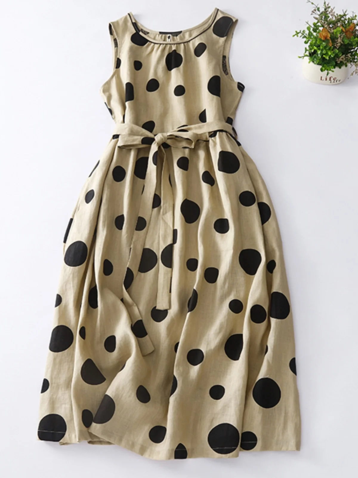 

Японский художественный льняной жилет в горошек, длинный платье, свободный хлопковый льняной жилет на бретельках, летняя свободная талия с принтом для поездок на работу