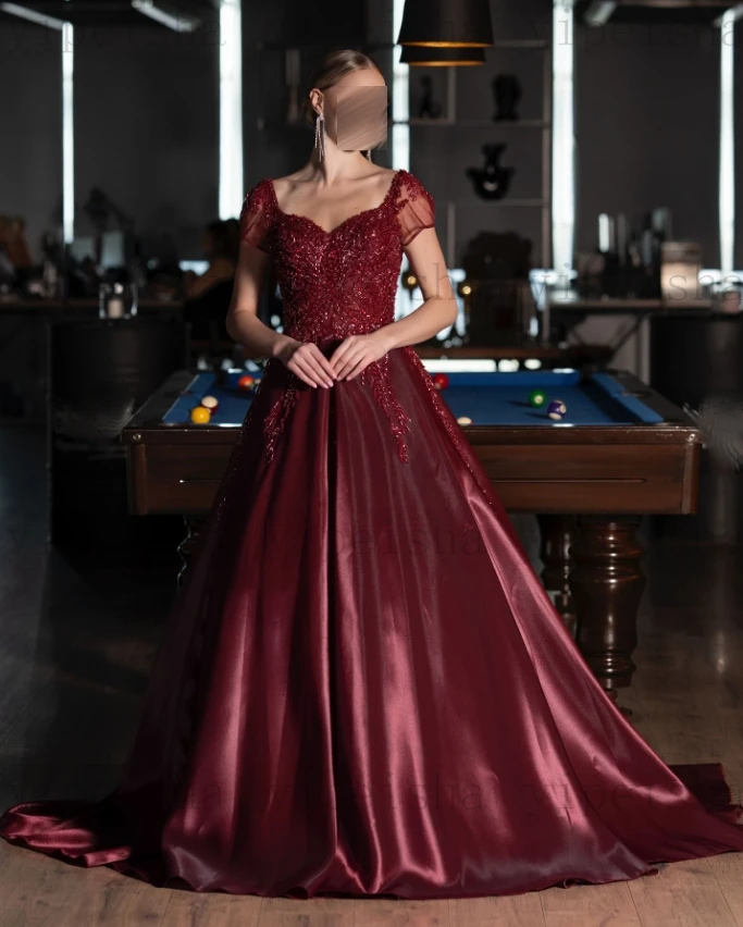 カスタマイズされた恋人フォーマルイブニングドレス半袖スパンコールビーズレースアップリケ A ラインウエディングドレスロングサテンパーティードレス