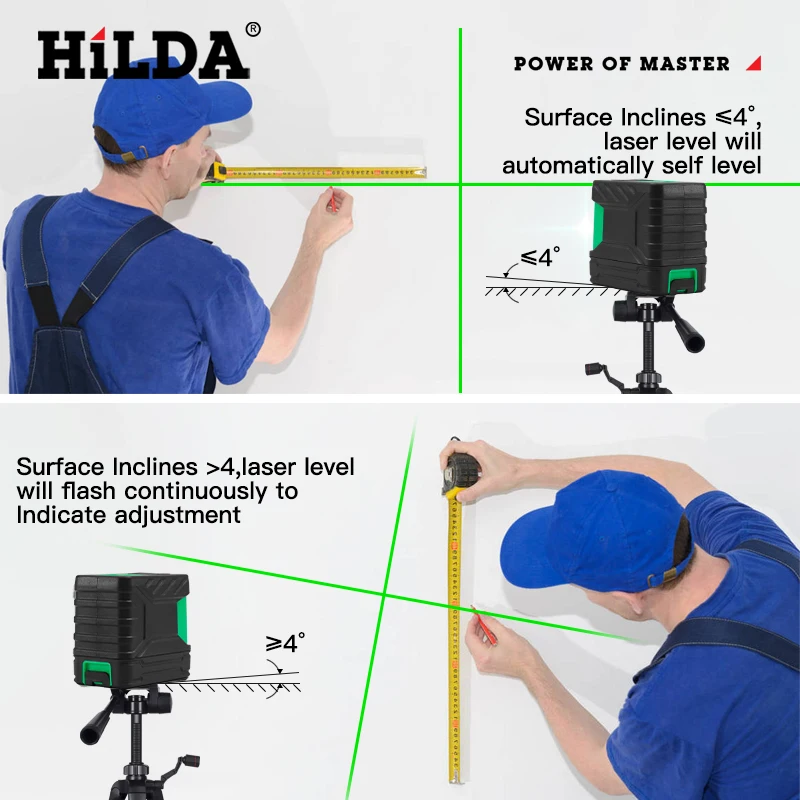 HILDA 2 Lines Laser Level Self Levelling Green Beams New Style Laser Horizontal & Vertical Cross-Line