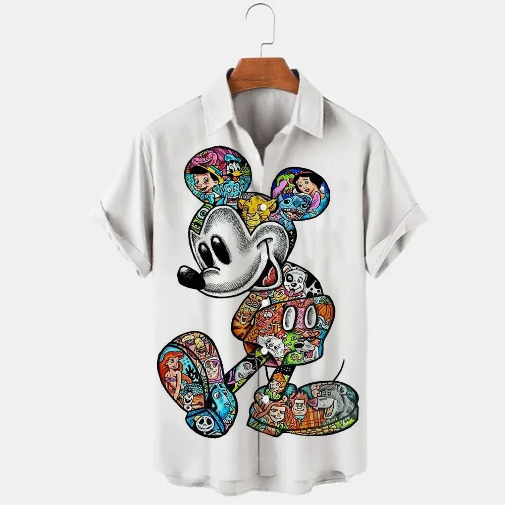 

2024 Summer New Men's Casual Trend Fashion Cartoon Mickey Mouse Goofy Needle Harajuku Summer Top Men's Lapel Short Sleeve Shirt