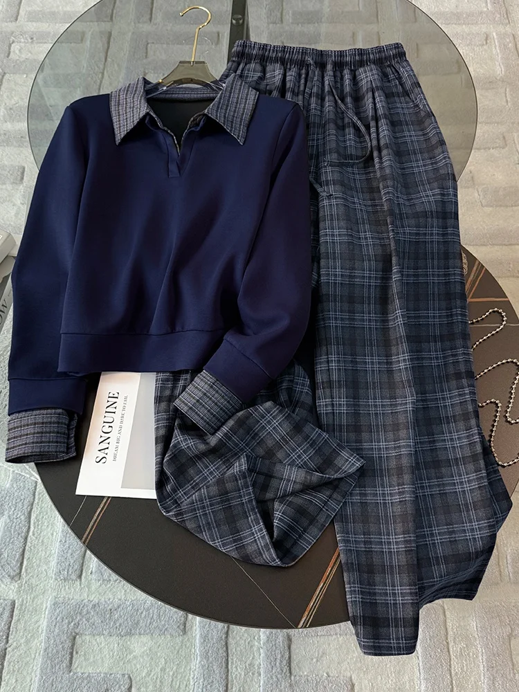 

Korean Style Long Sleeve Plaid Wide Leg Pants Women's Autumn Fashion Anti-Aging Two-Piece Set V-Neck Casual Sportswear