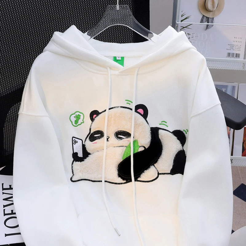 2024 Women Spring Winter Embroidery Print Cute Cartoon Panda Pullover Cotton Loose Hooded Sweatshirt Couple Student Coat Hoodie