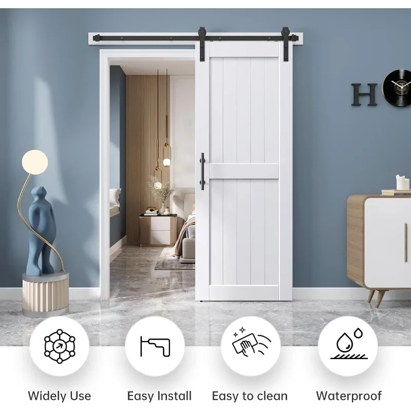 باب الحظيرة الأبيض مقاس 30 × 84 بوصة مع مجموعة أدوات الباب المنزلق بطول 5.5 قدم متضمنة ومقبض، من الخشب الصلب المغطى بمقاومة للماء #1